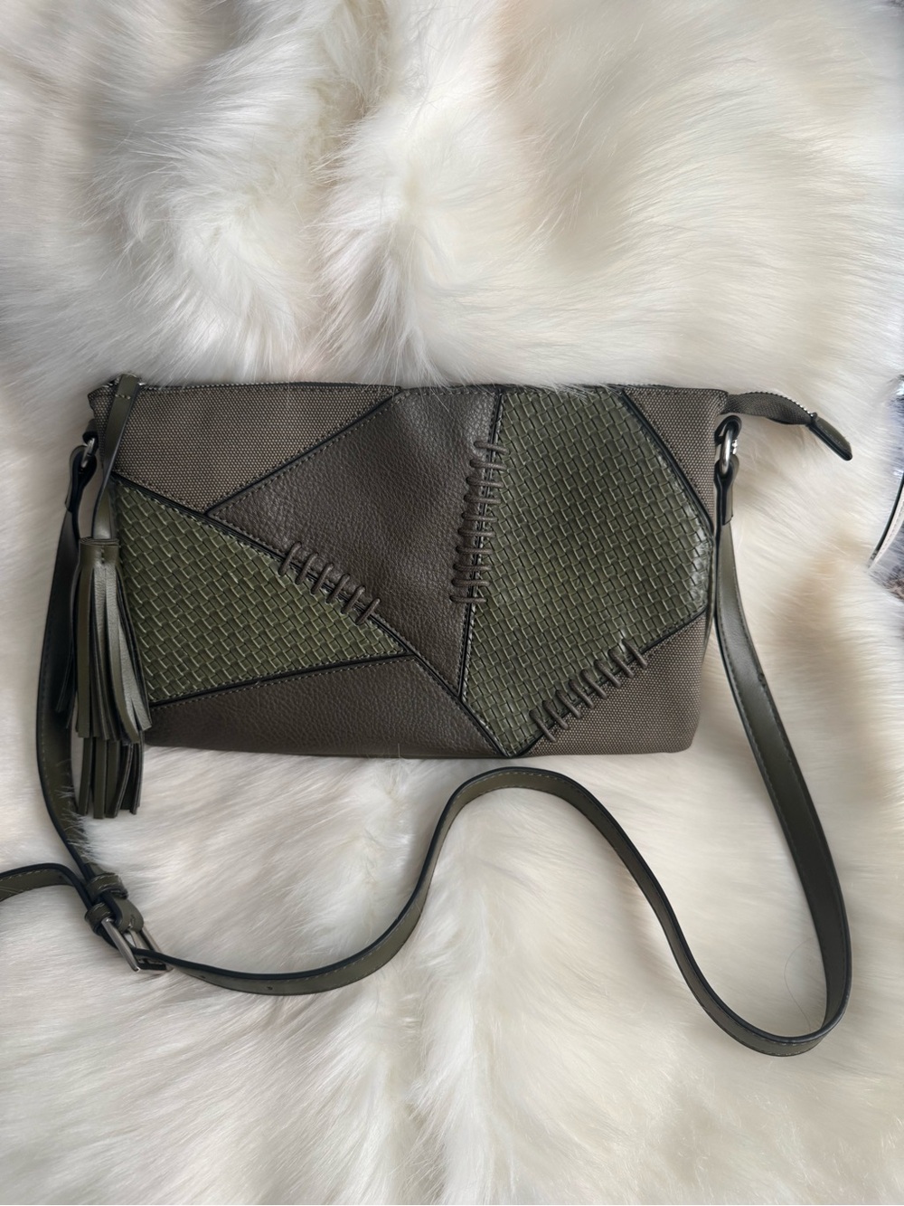 French Connection Olive and Taupe Patchwork Crossbody with Tassel